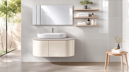 Fototapeta premium Minimalist and Modern Bathroom with Cream Vanity and Gray Tile Accents
