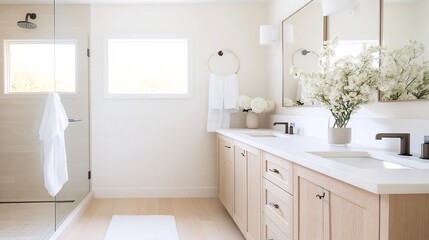 Cozy Minimalist Bathroom with Neutral Palette and Wooden Cabinetry