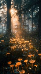 Sunbeams illuminate a mystical forest path with glowing mushrooms.