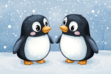 Obraz premium Two cute cartoon penguins standing in a snowy landscape with falling snowflakes.