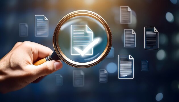 A hand holding a magnifying glass over a document icon with a checkmark, highlighting it among other document icons