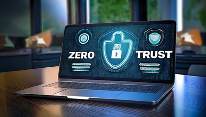 A laptop with a digital overlay showing the words Zero Trust and a cybersecurity icon.