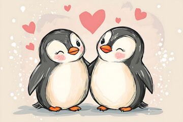 Fototapeta premium Two cute penguins holding flippers with hearts around them, conveying love and affection.