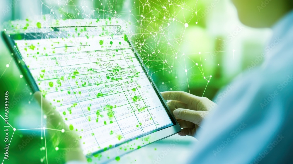 Aufkleber a person examining data on a tablet, enhanced with digital effects and green elements.