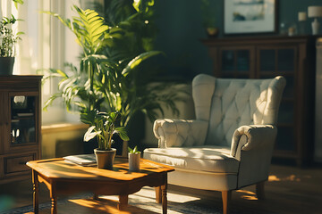 Obraz premium Sunlit Living Room with Comfortable Chair and Lush Greenery: A Relaxing Home Interior Design