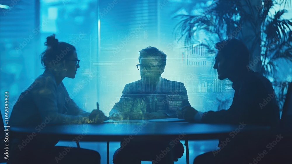 Aufkleber A business meeting with three individuals discussing data analytics in a modern office setting.
