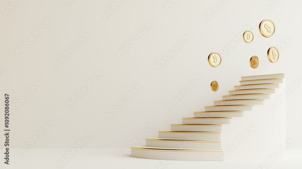Poster golden stairway to success: elegant 3d rendering of a white spiral staircase ascending towards float