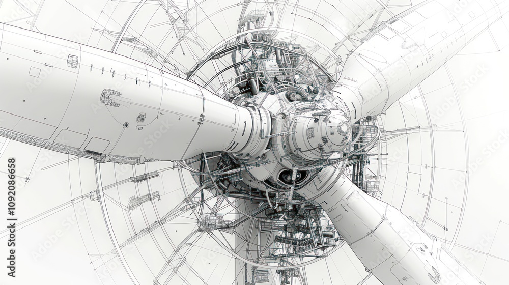 Poster detailed blueprint of a complex mechanical propeller system.