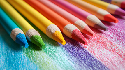 A scene where multiple colored pencils are lined up and the lead at the tip of the colored pencil is close up