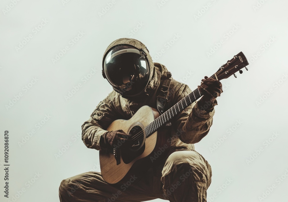 Poster an astronaut in a spacesuit plays an acoustic guitar, blending music with space exploration.