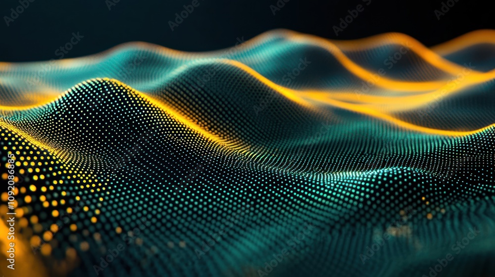 Poster abstract representation of waves made of particles in a digital landscape.