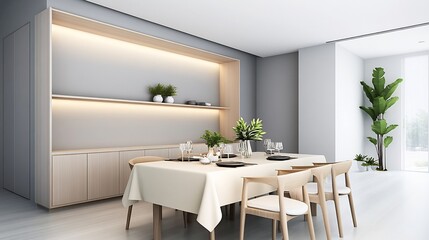 Minimalist Dining Room with Gray Walls and Cream Table Setting