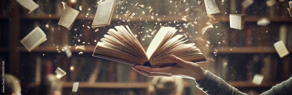 Aufkleber an open book surrounded by floating pages and sparkles, evoking a sense of magic and knowledge.