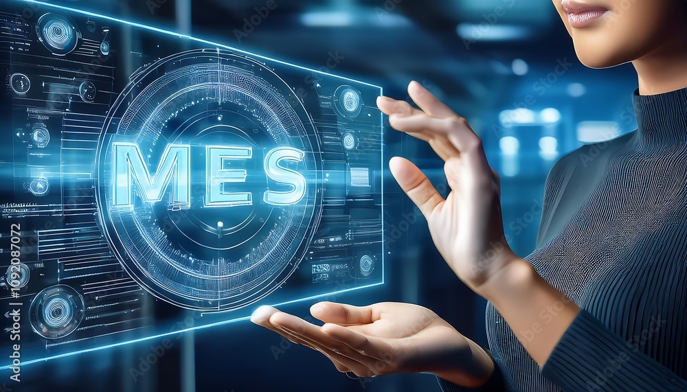 Poster human hands interact with a holographic interface that displays mes manufacturing operating system d
