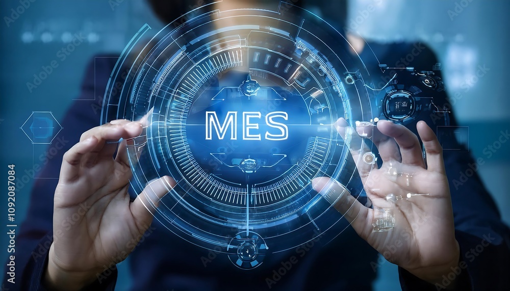 Poster human hands interact with a holographic interface that displays mes manufacturing operating system d