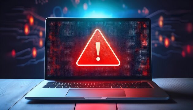 Laptop with digital alert displayed above the keyboard. Such alert indicates a security threat.