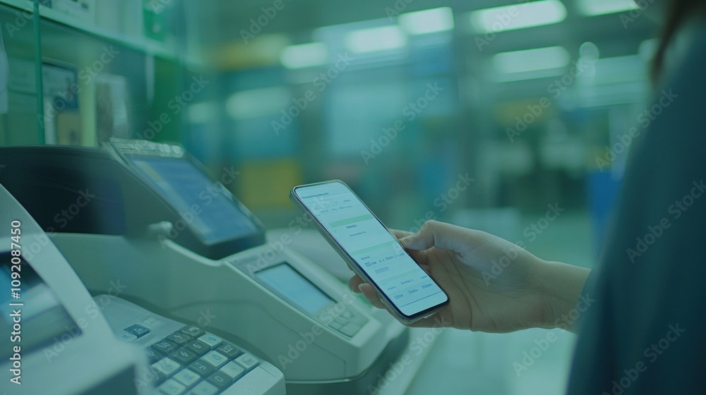 Poster a person using a smartphone at a digital kiosk in a modern setting.