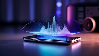 smartphone with a virtual overlay showing voice recognition technology. A microphone icon and sound waves are displayed above the phone.