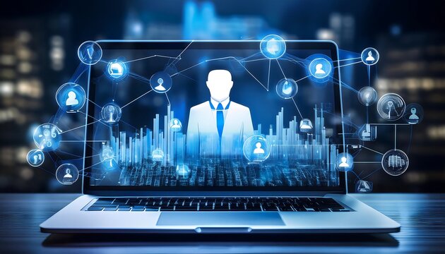 The laptop has a digital overlay that shows various icons related to recruiting, staffing, and human resources management.