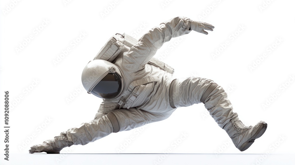 Poster a dynamic astronaut in a space suit performing a dance-like pose against a white background.