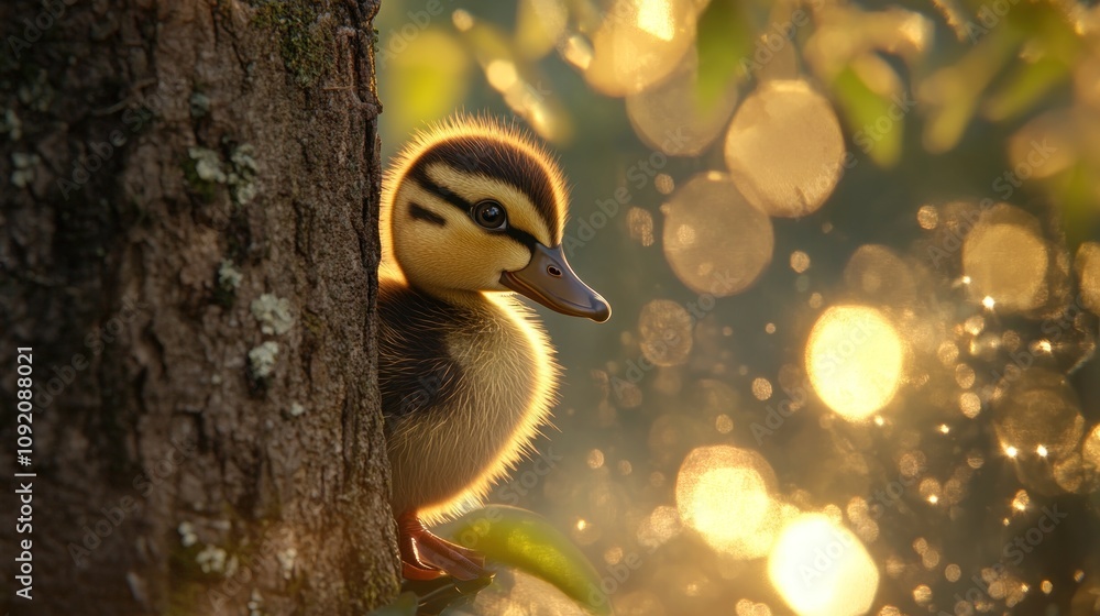 Poster A charming duckling peeks from behind a tree, surrounded by a dreamy, bokeh background.
