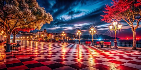 Obraz premium Captivating Night Photography Featuring a Vibrant Red Checkered Background with Striking Contrast and Depth, Perfect for Creative Projects and Visual Storytelling