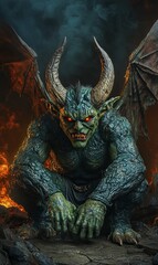 Fototapeta premium A menacing green gargoyle with large horns and wings, crouching amidst flames and smoke.