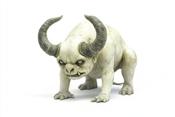 Fototapeta premium A menacing, off-white creature with large horns, snarling and crouched. Its eyes are intense and its expression is aggressive. Isolated on white background.