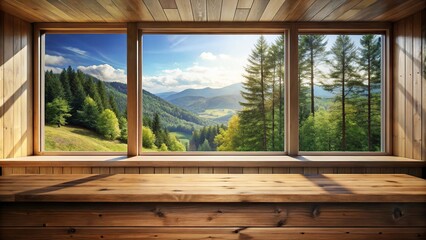 Fototapeta premium Wooden counter below window overlooking landscape with trees on cozy balcony