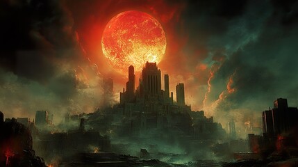 Fiery Moon Rises Over Desolate Ancient City Ruins