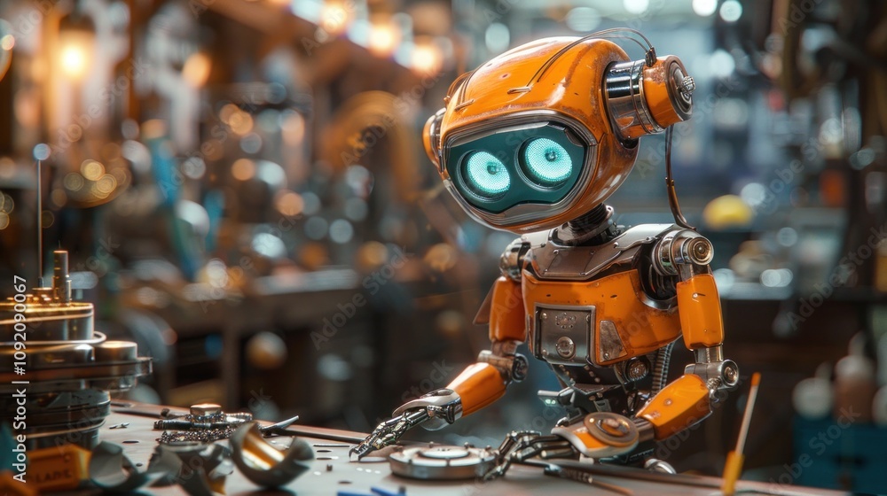 Poster orange robot working in a workshop.