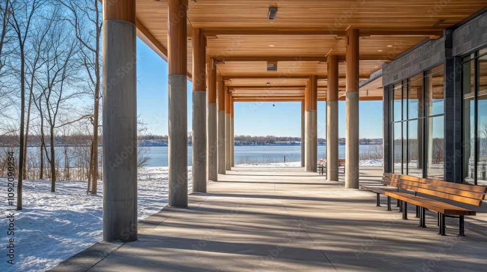 Aufkleber a serene walkway with pillars and a view of a snowy landscape by the water.