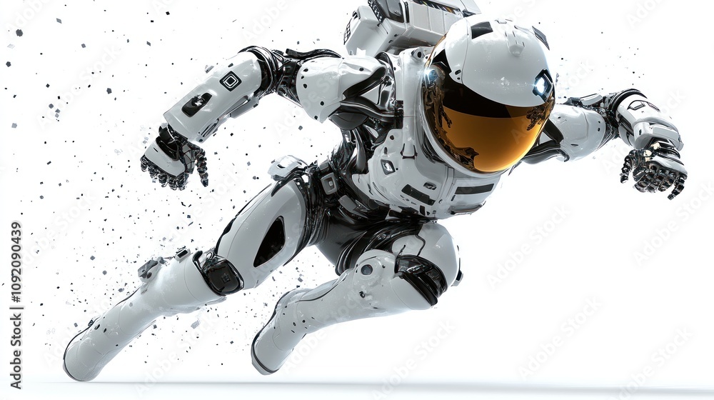 Aufkleber a futuristic robot astronaut in motion, showcasing advanced technology and design.