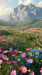 Obraz premium Vibrant wildflowers bloom in a lush meadow against a majestic mountain backdrop.
