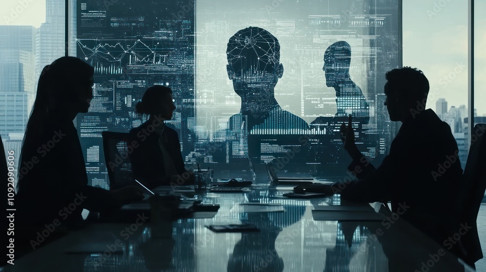 Aufkleber A business meeting with silhouettes discussing data analytics and technology insights.