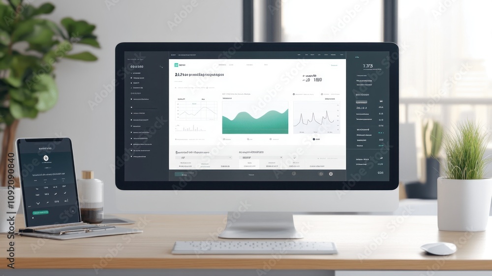 Poster A modern workspace featuring a computer and tablet displaying data analytics.