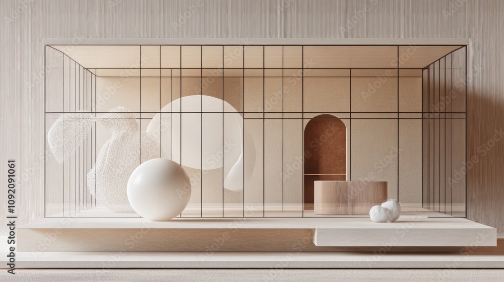 Aufkleber a minimalist display featuring geometric shapes and textures in a serene environment.