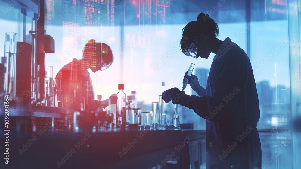 Poster scientists working in a laboratory, engaged in research and experiments.