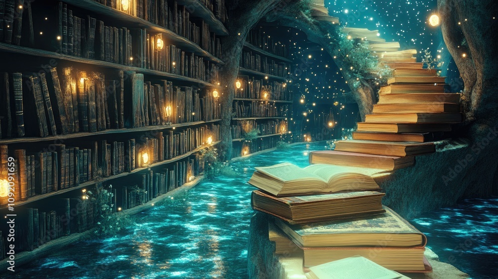 Poster a whimsical library with floating books and glowing pathways leading to unknown adventures.