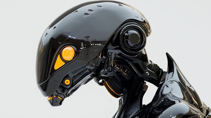 Fototapeta premium 狩猟型ハンターロボットの黒い艶のある頭部を横からリアルに描いたAI生成画像