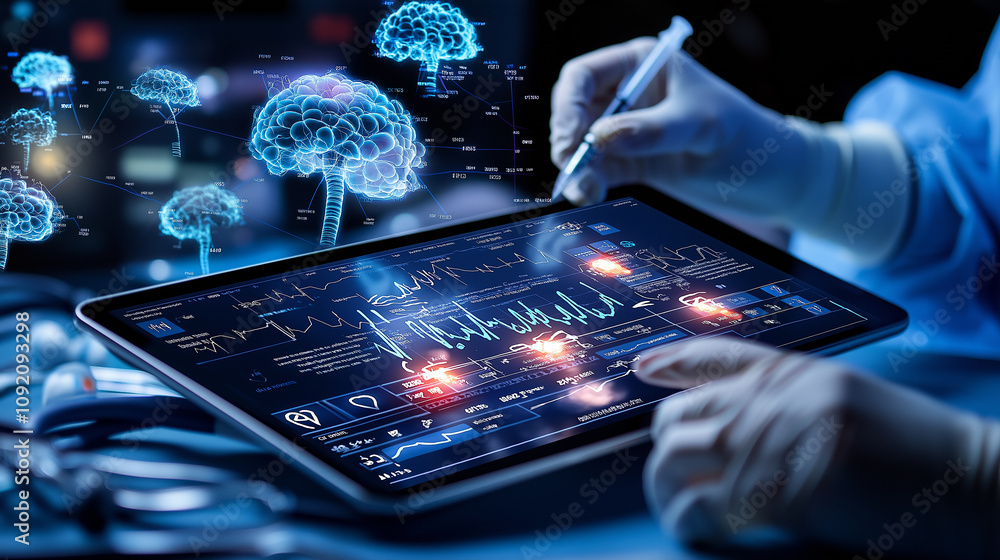 Poster healthcare worker analyzing data on tablet with brain graphics