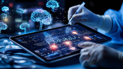 healthcare worker analyzing data on tablet with brain graphics