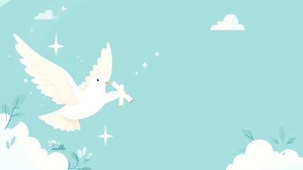 White Dove Carrying a Cross in a Blue Sky with Clouds and Stars