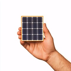 Solar savings concept.A hand holds a small solar panel, showcasing a compact design ideal for renewable energy solutions.
