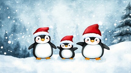 Three Penguins Wearing Santa Hats in a Snowy Winter Landscape