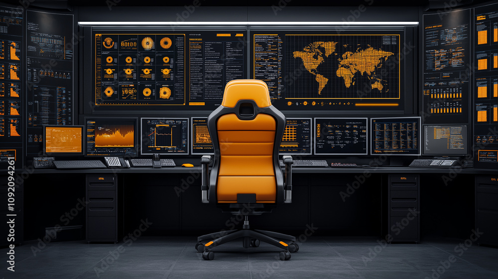 Poster futuristic command center with orange accents and multiple screens