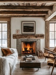 Fototapeta premium Rustic Living Room Fireplace Winter Scene Cozy Interior