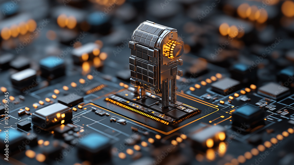 Poster high tech circuit board with metallic component and glowing lights
