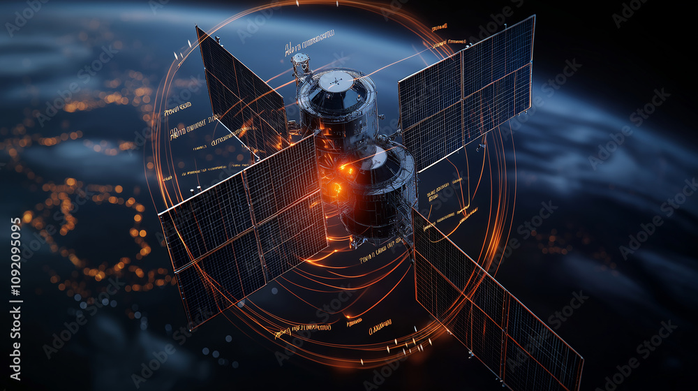 Poster satellite transmitting data to earth, showcasing advanced technology and design