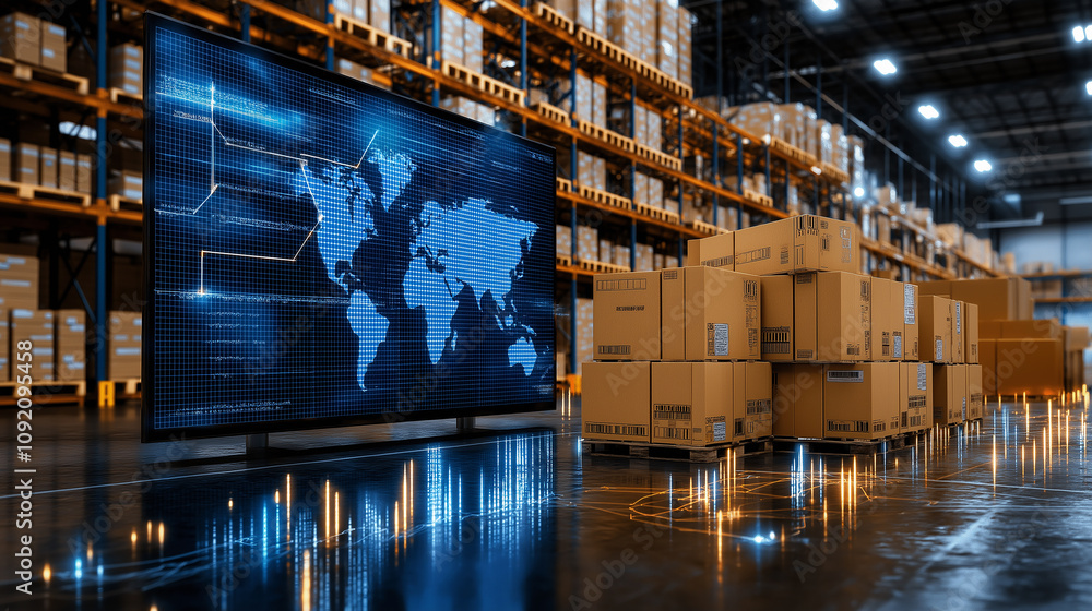 Aufkleber modern warehouse with automated inventory and digital map display